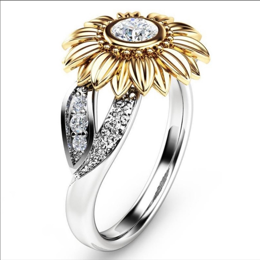 NEW💍18K Yellow&White GOLD DIAMOND SUNFLOWER RING